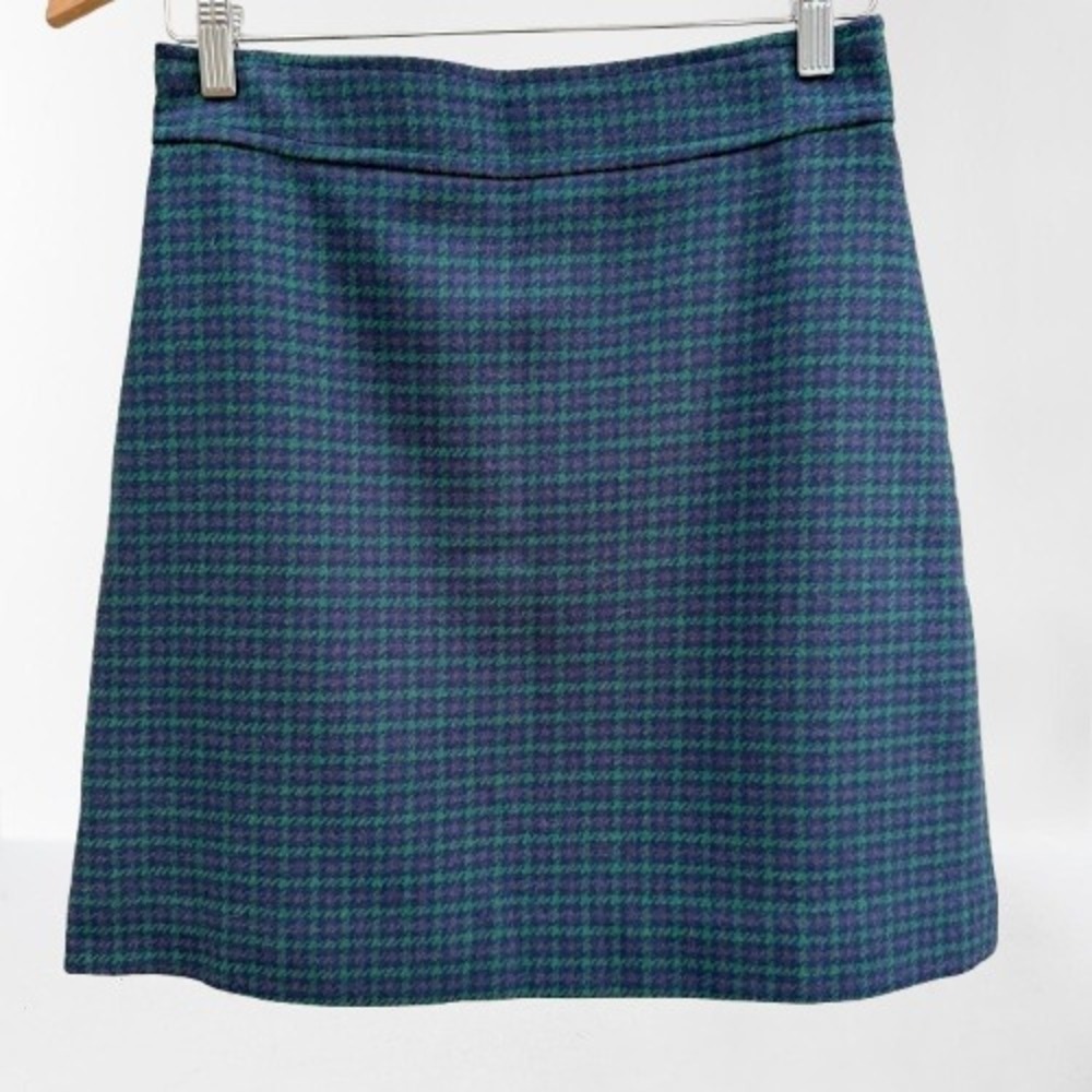 J. Crew Womens Blue Green Houndstooth Wool Blend Mini Skirt Size 2